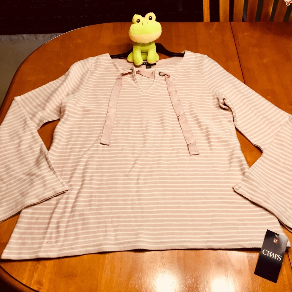 CHAPS Pink White Tie Front striped Top Large ❤️💕